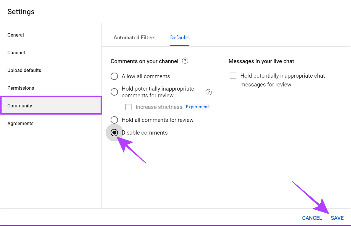 choose community then choose disable comments and hit save