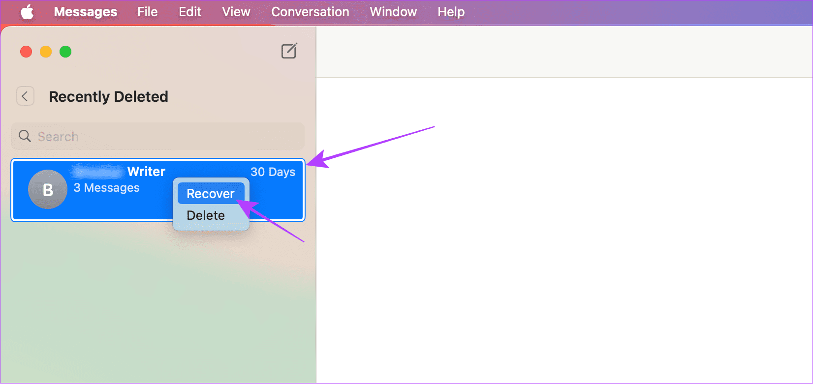 choose conversation and then click Recover