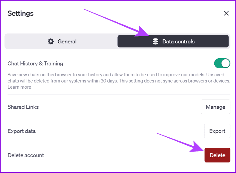 choose data control and choose delete