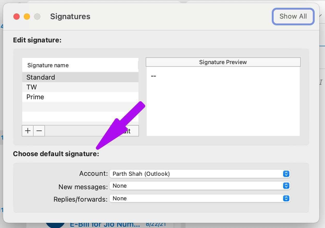 Choose default signature