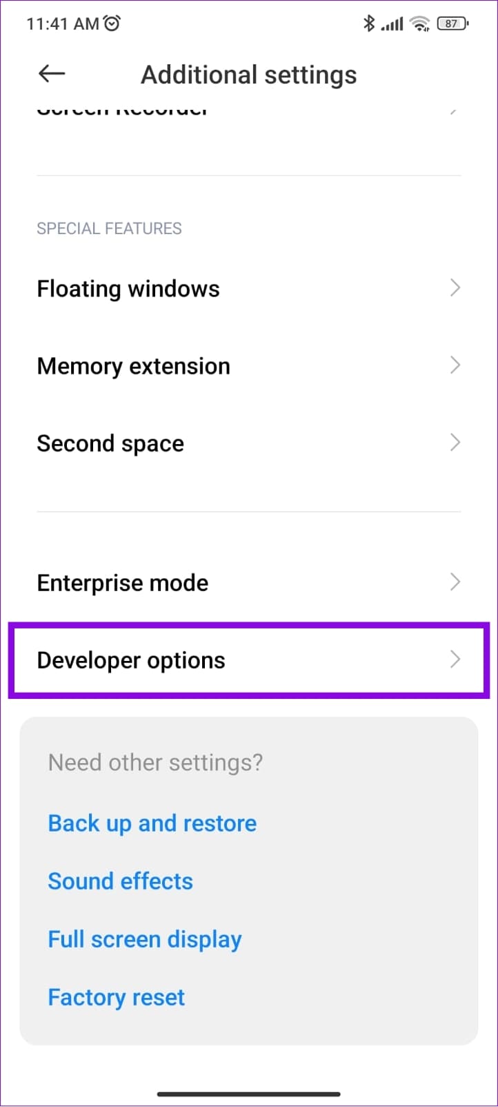 choose developer options