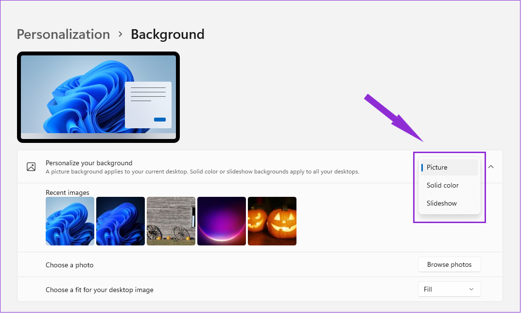 Choose one of the options from dropdown menu for background