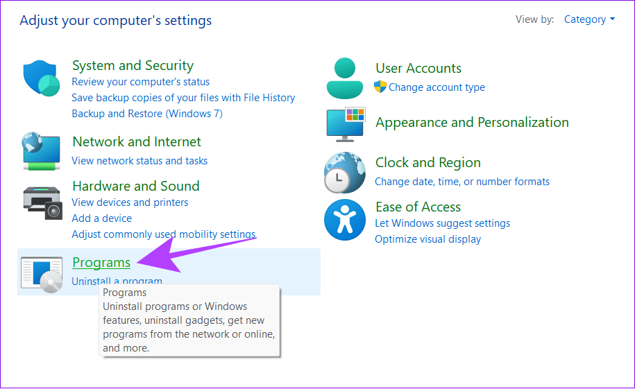 choose programs in Control Panel