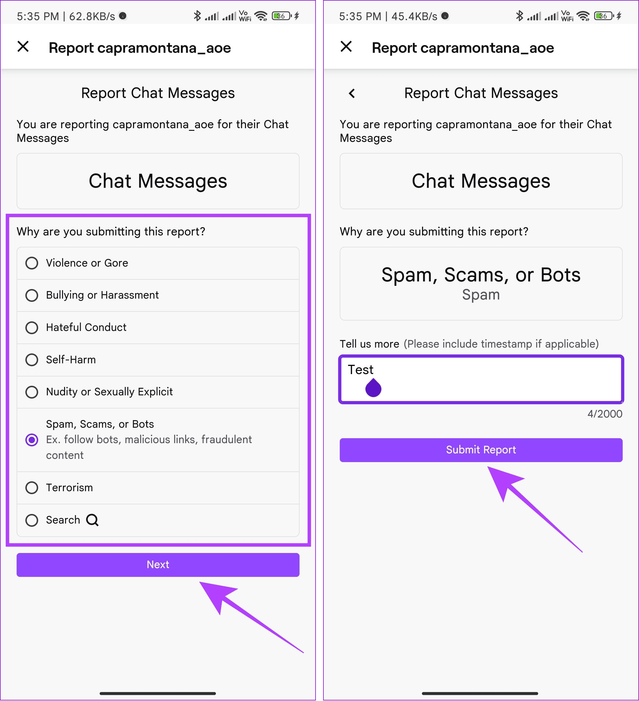 choose reason and hit Next and then mention the issues in detail