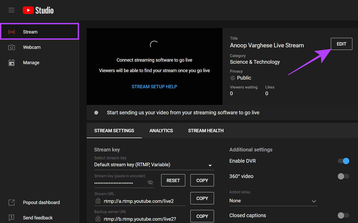 choose stream and hit edit