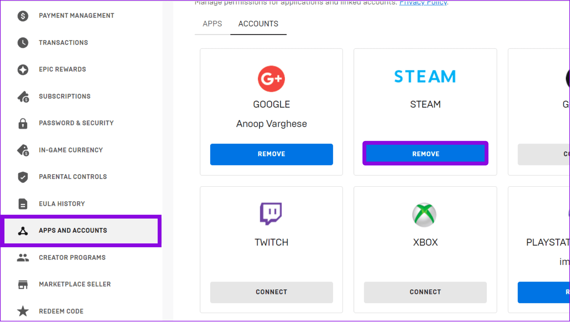 choose the apps and accounts and choose remove under steam