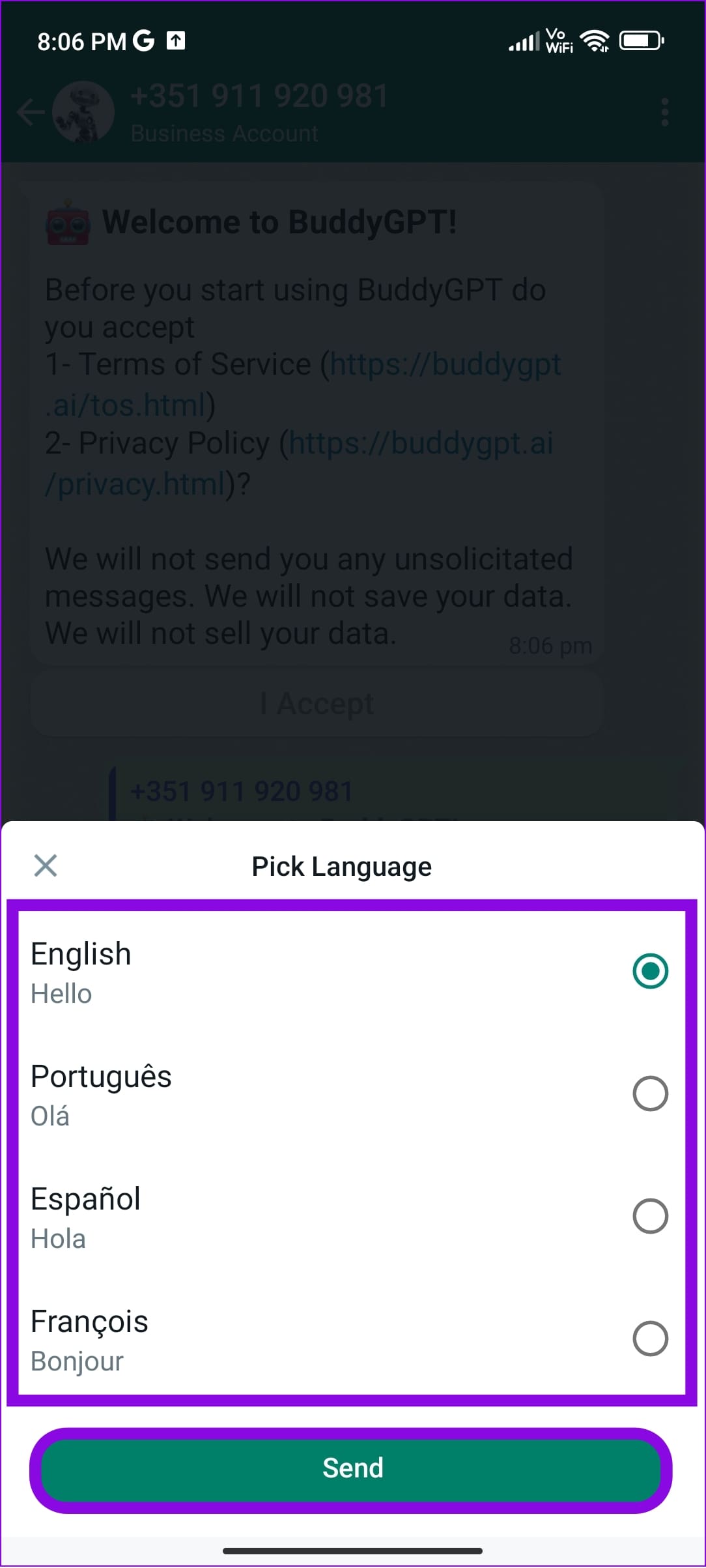 choose the language and tap Send