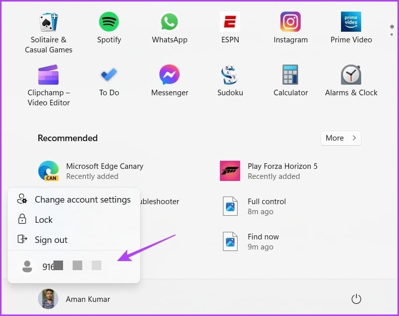 choose the other account from the Start menu