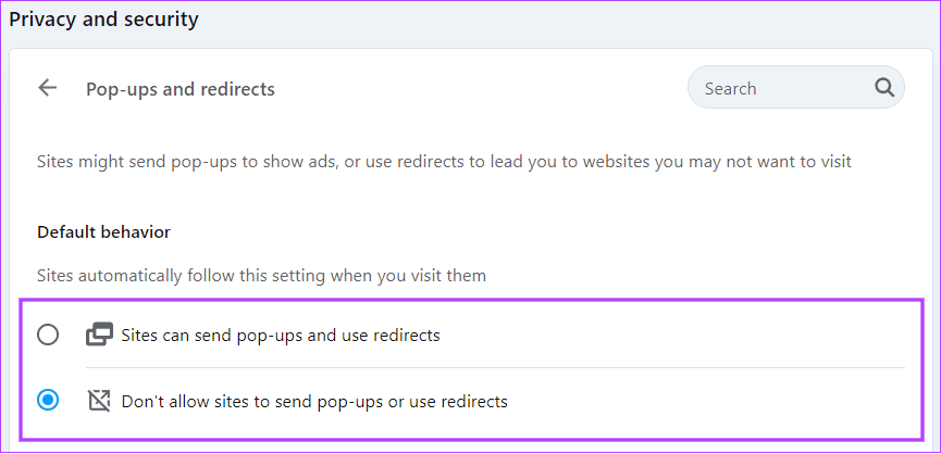 choose weather you want to block or allow pop ups and redirects on Opera