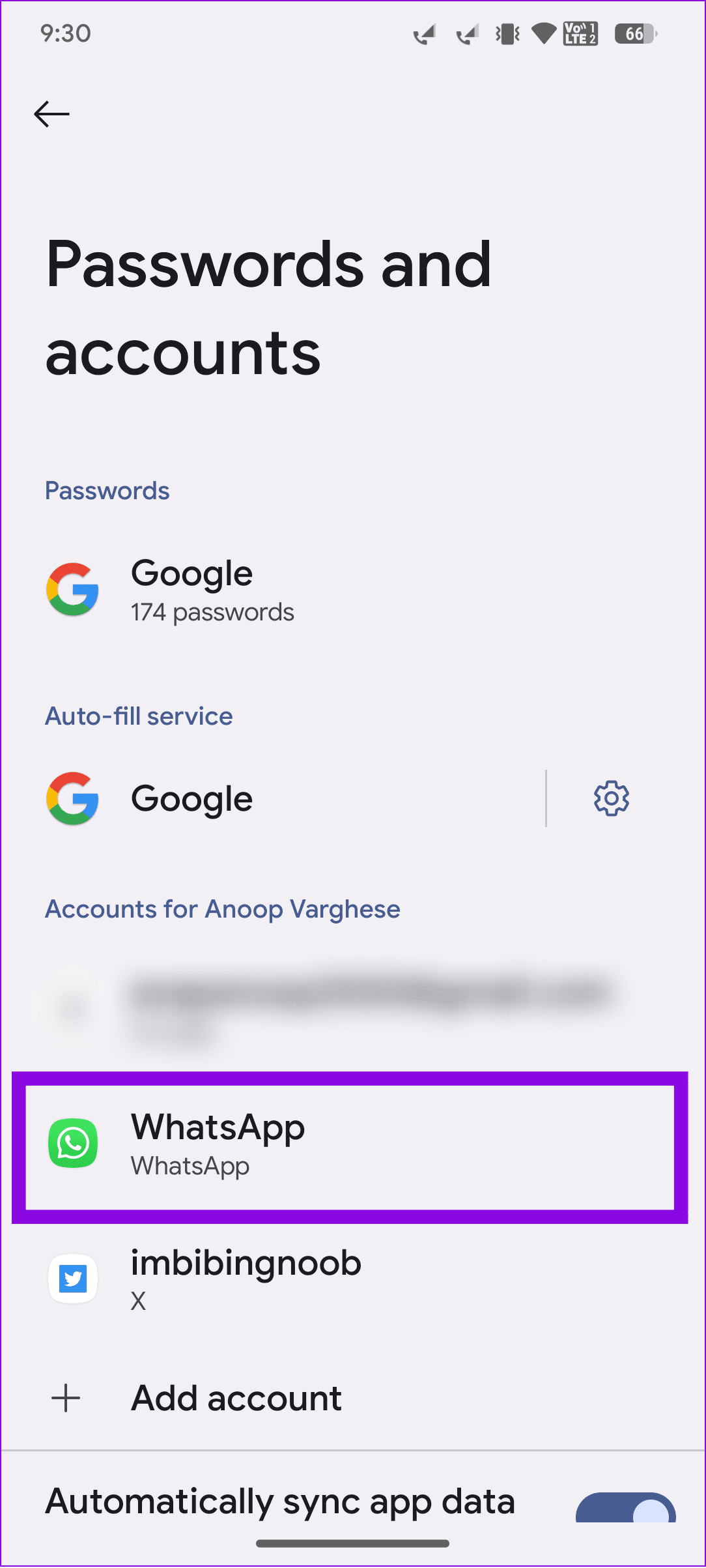 choose whatsapp from the passwords and accounts page