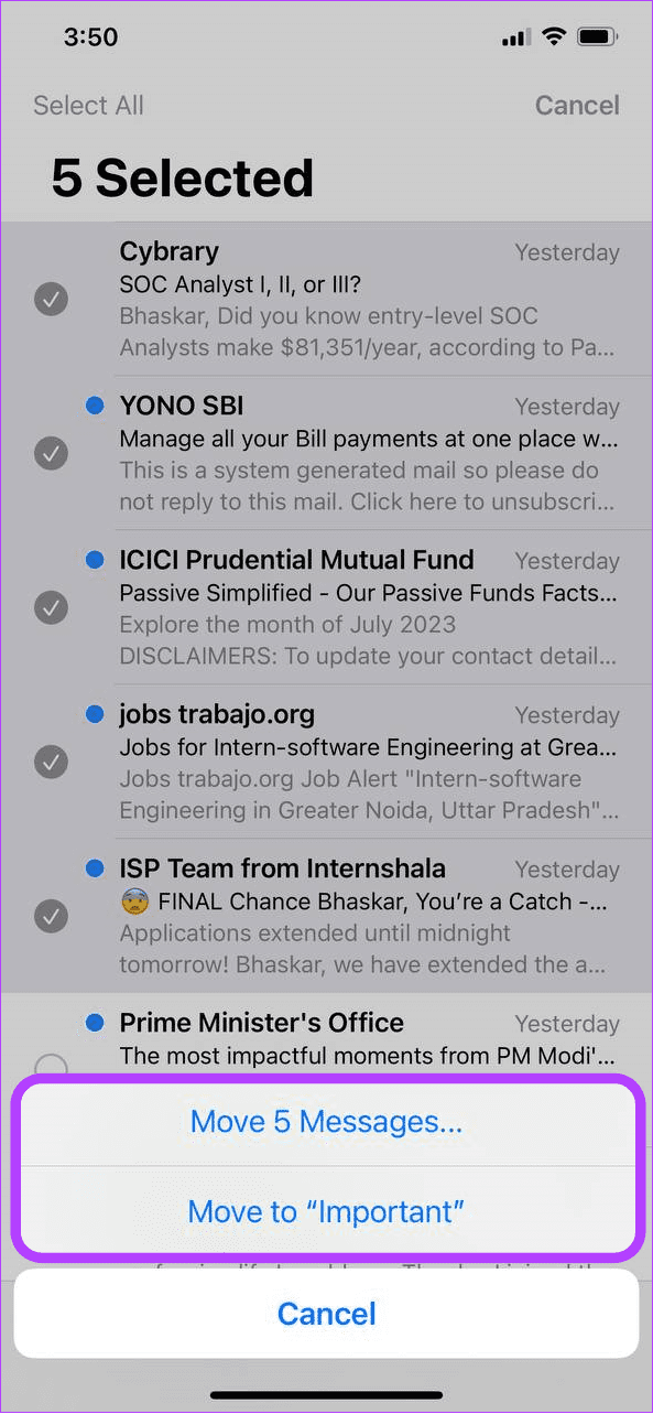choose where you want to move the emails on iPhone