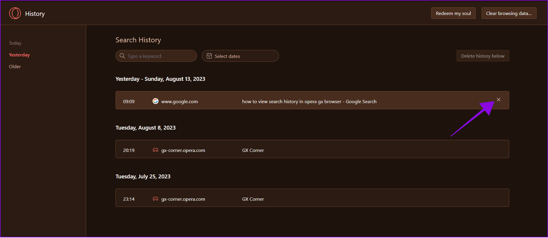 choose x next to the history you want to delete