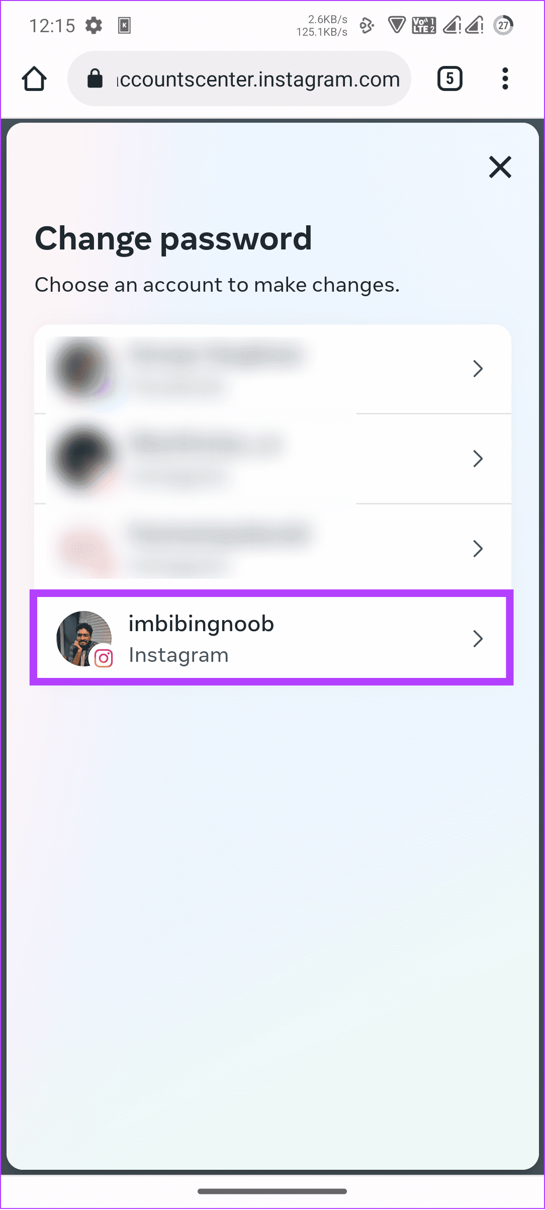 choose your account to change Instagram password