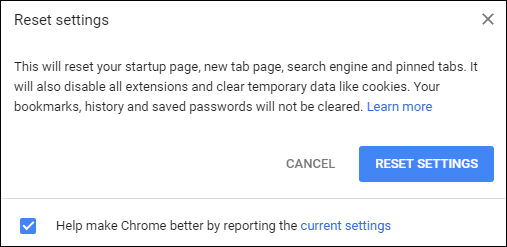 Chrome Settings Reset Warning Popup