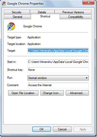 Chromepropertiesshortcut