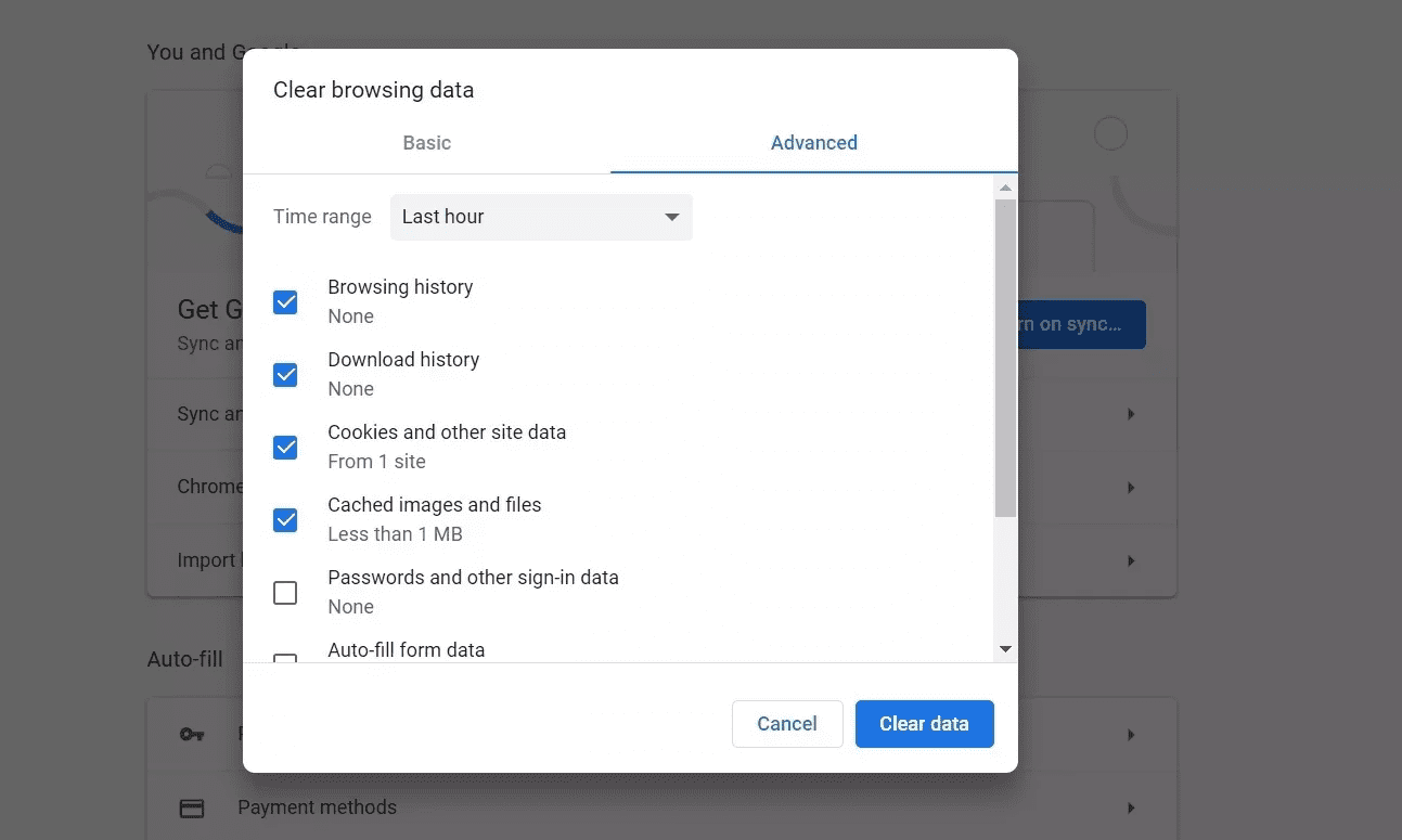 Clear cache and cookies from google chrome