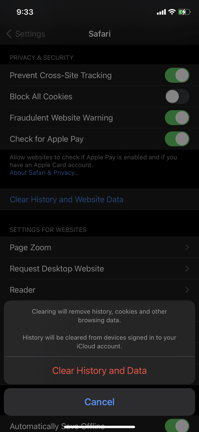 Clear history and data