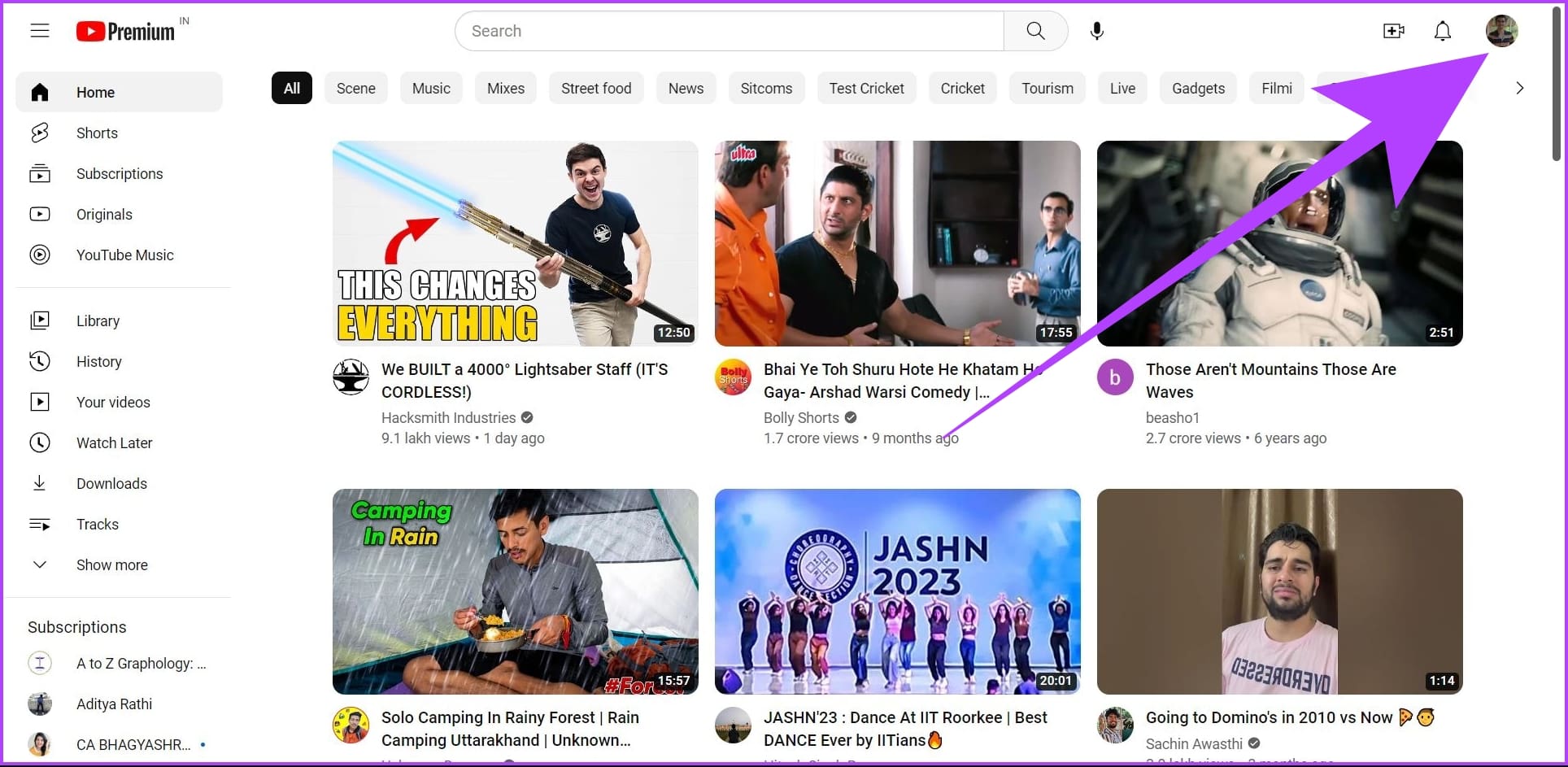 click on the profile picture icon on youtube website