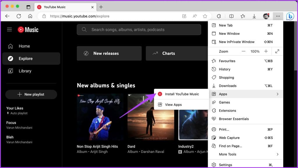 click on the three dot icon in the top right corner and click on Apps. Then click on Install YouTube Music