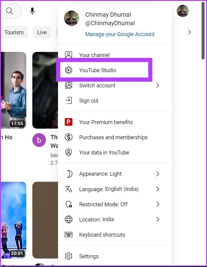click on youtube studio