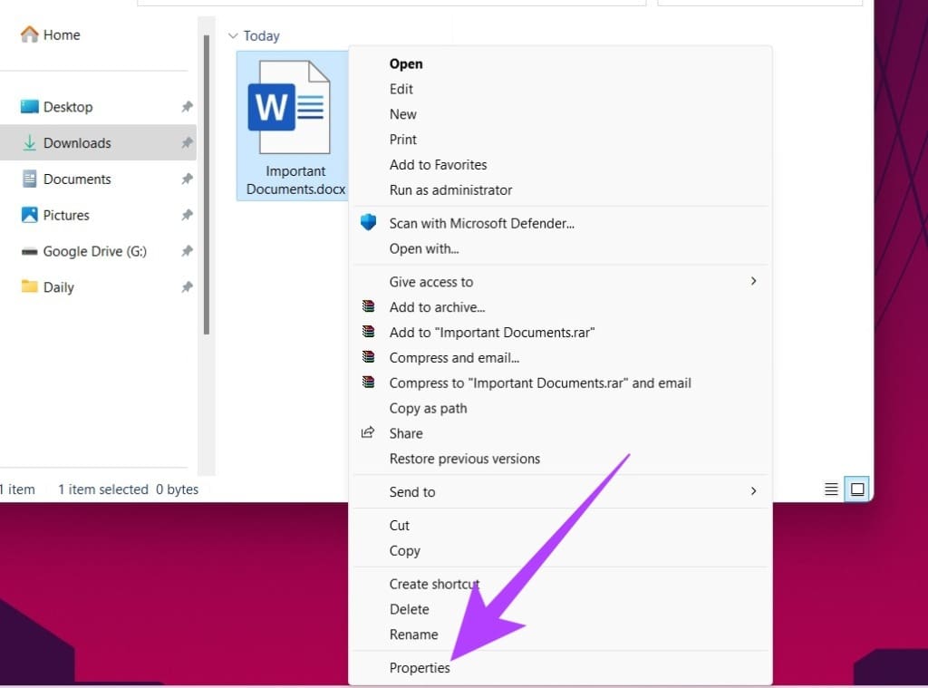 click the Properties option
