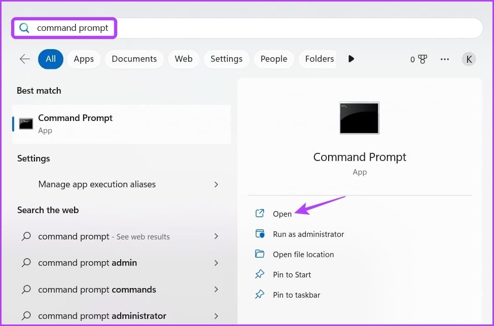 typing command prompt in windows search