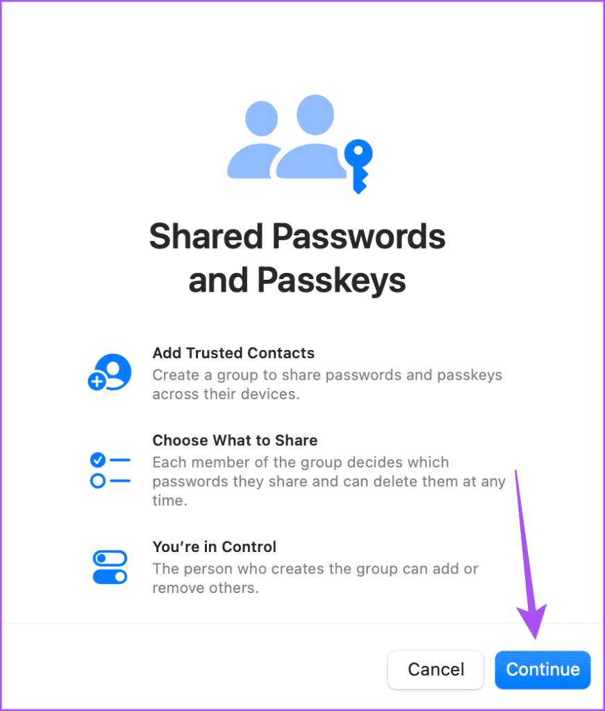 continue password and passkey sharing Mac