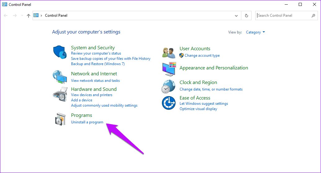 Control panel programs and features
