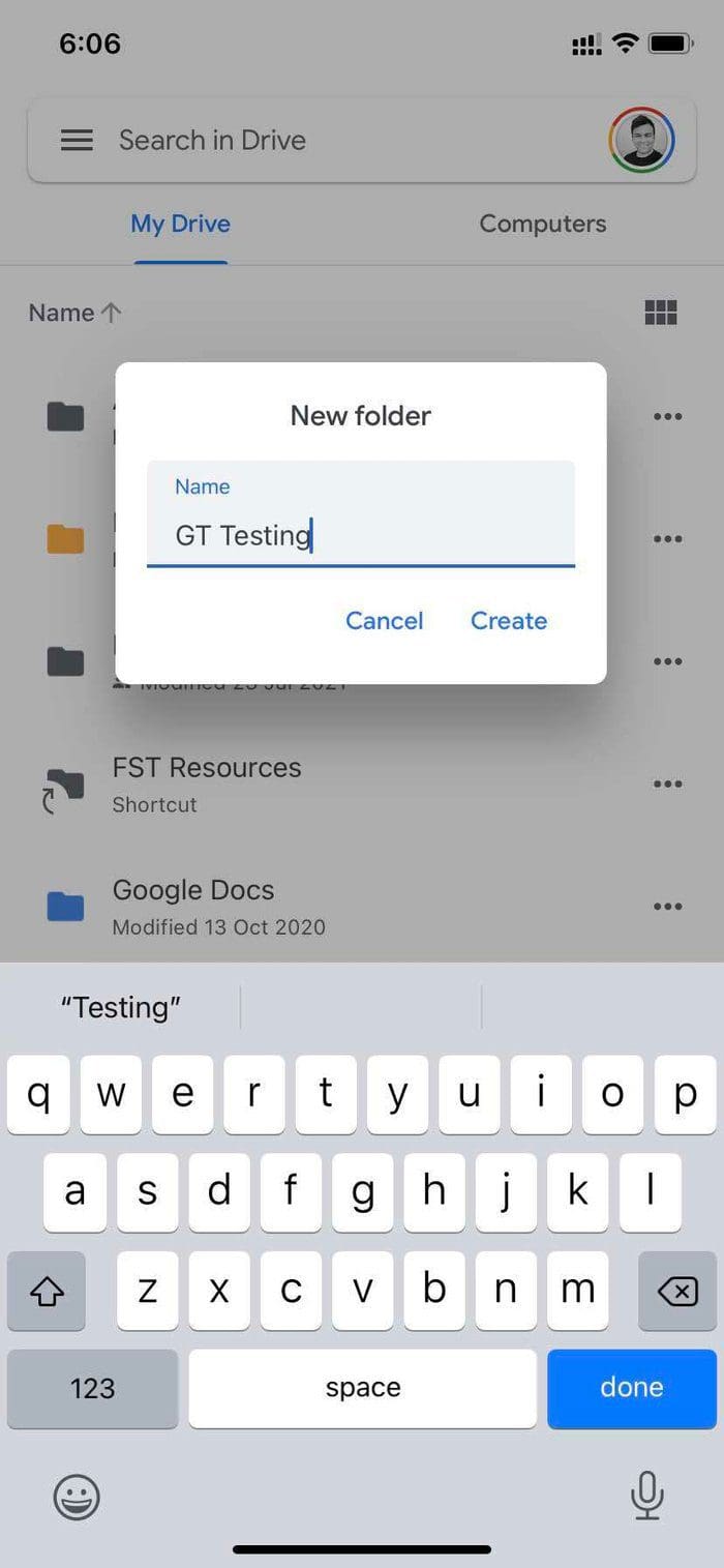 Create a folder in google drive app
