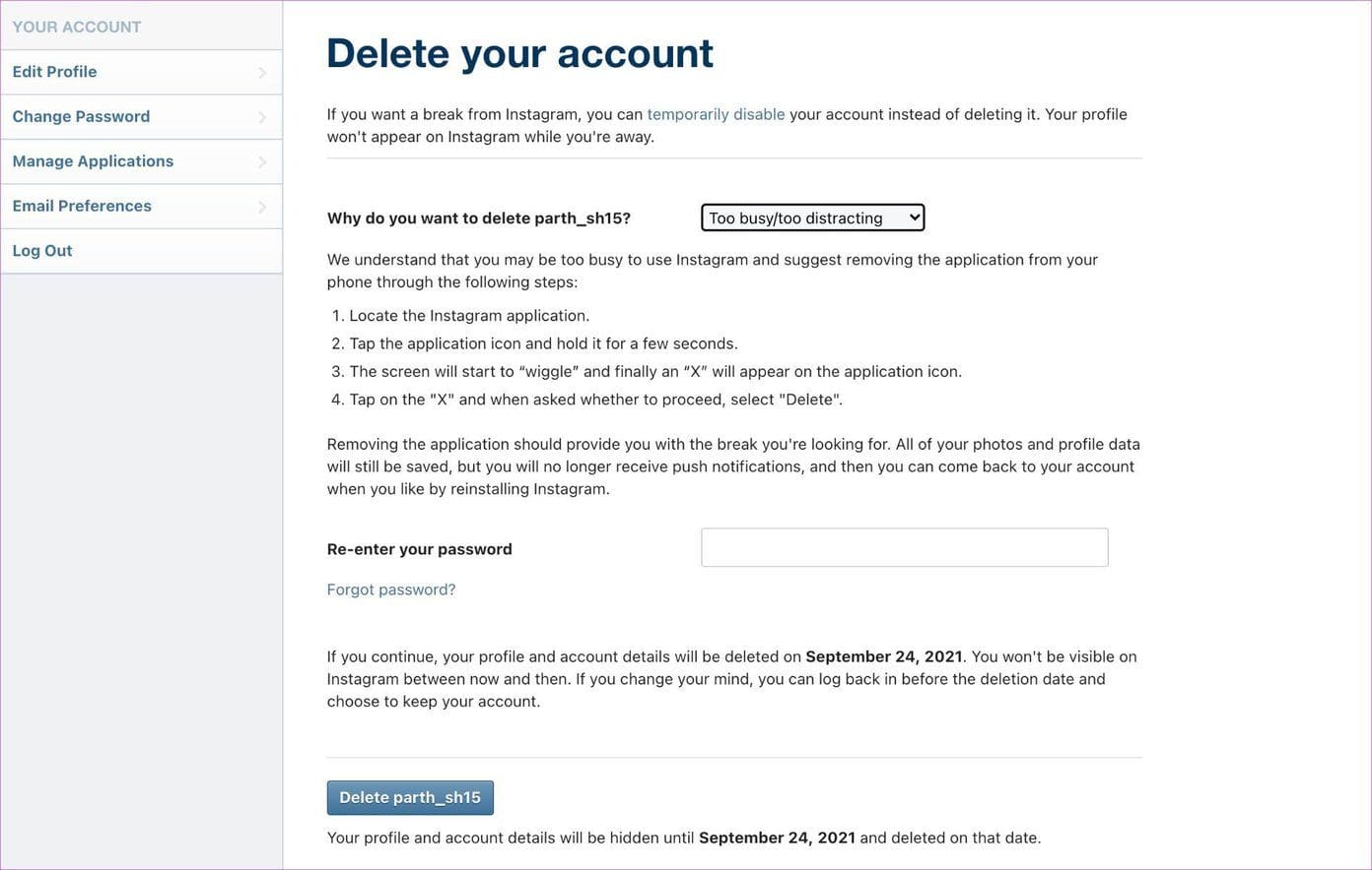 Delete instagram account