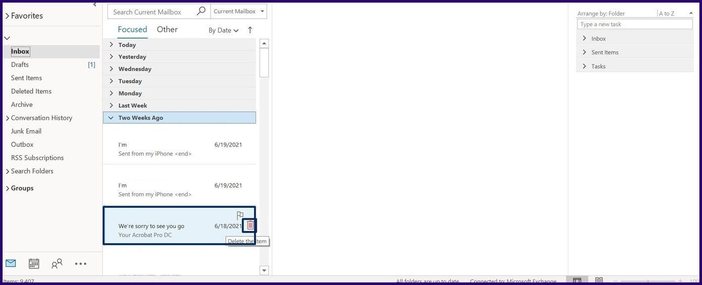 Delete microsoft outlook email error message step 11