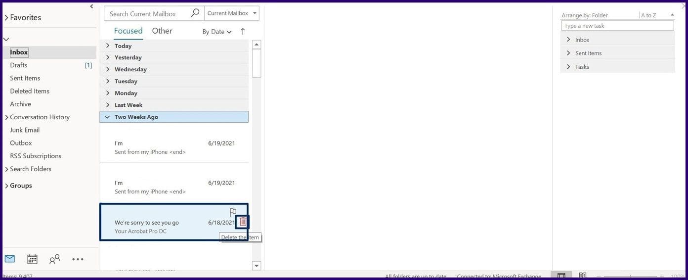 Delete microsoft outlook email error message step 6