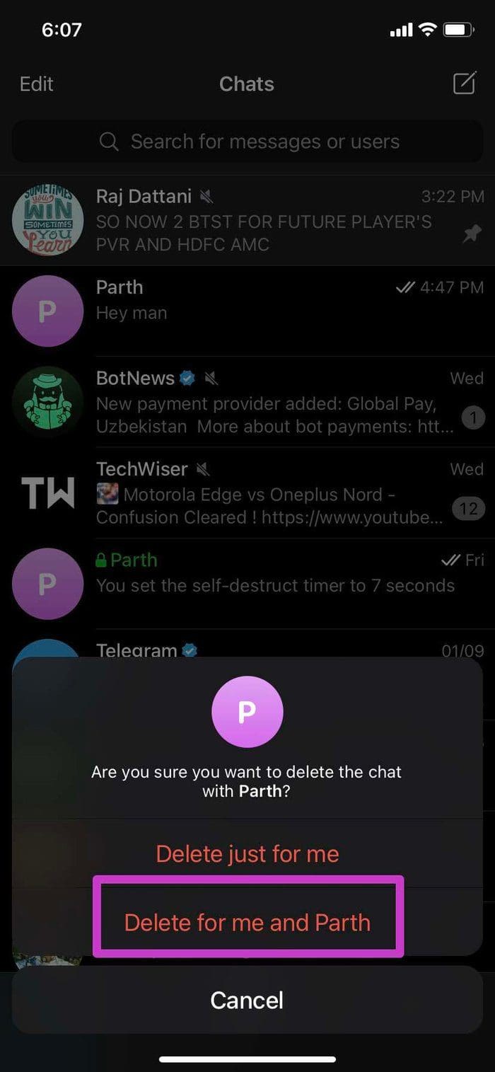 Delete telegram chat on i Phone