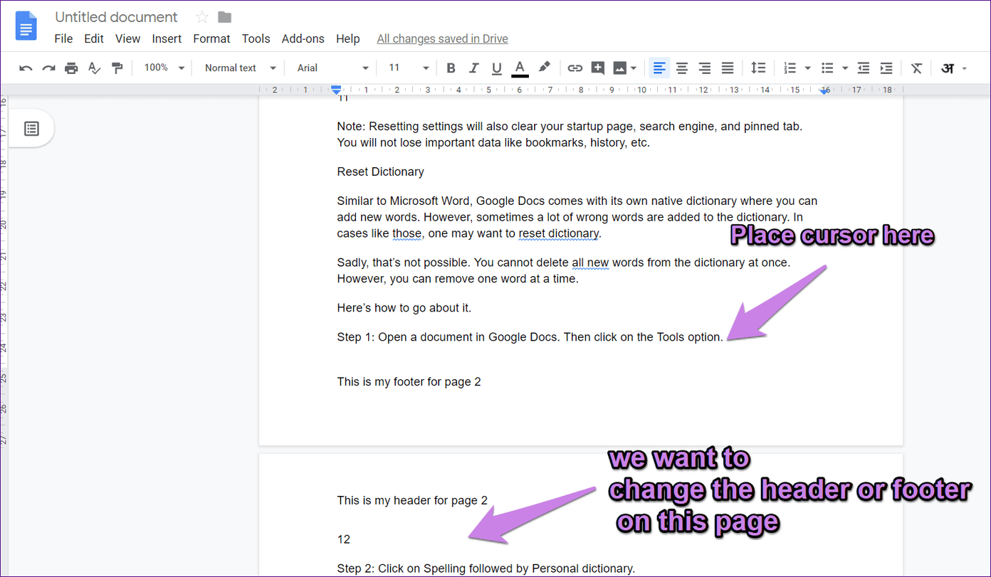 Different Header Footer Google Docs 1