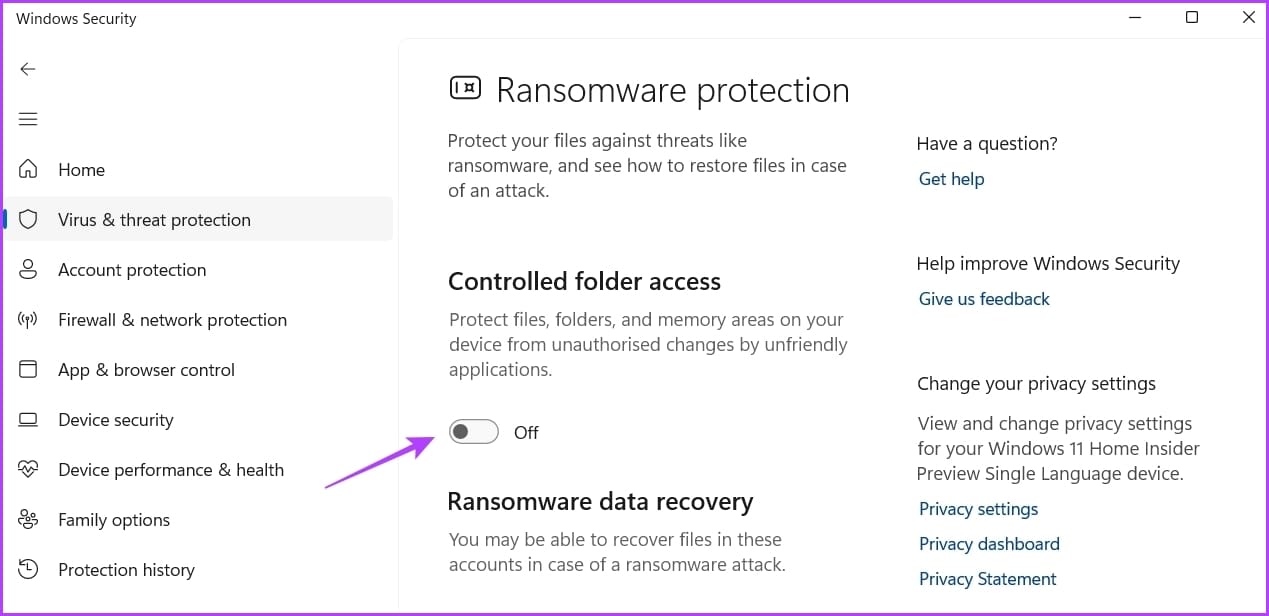 disable Controlled folder access in Windows Security