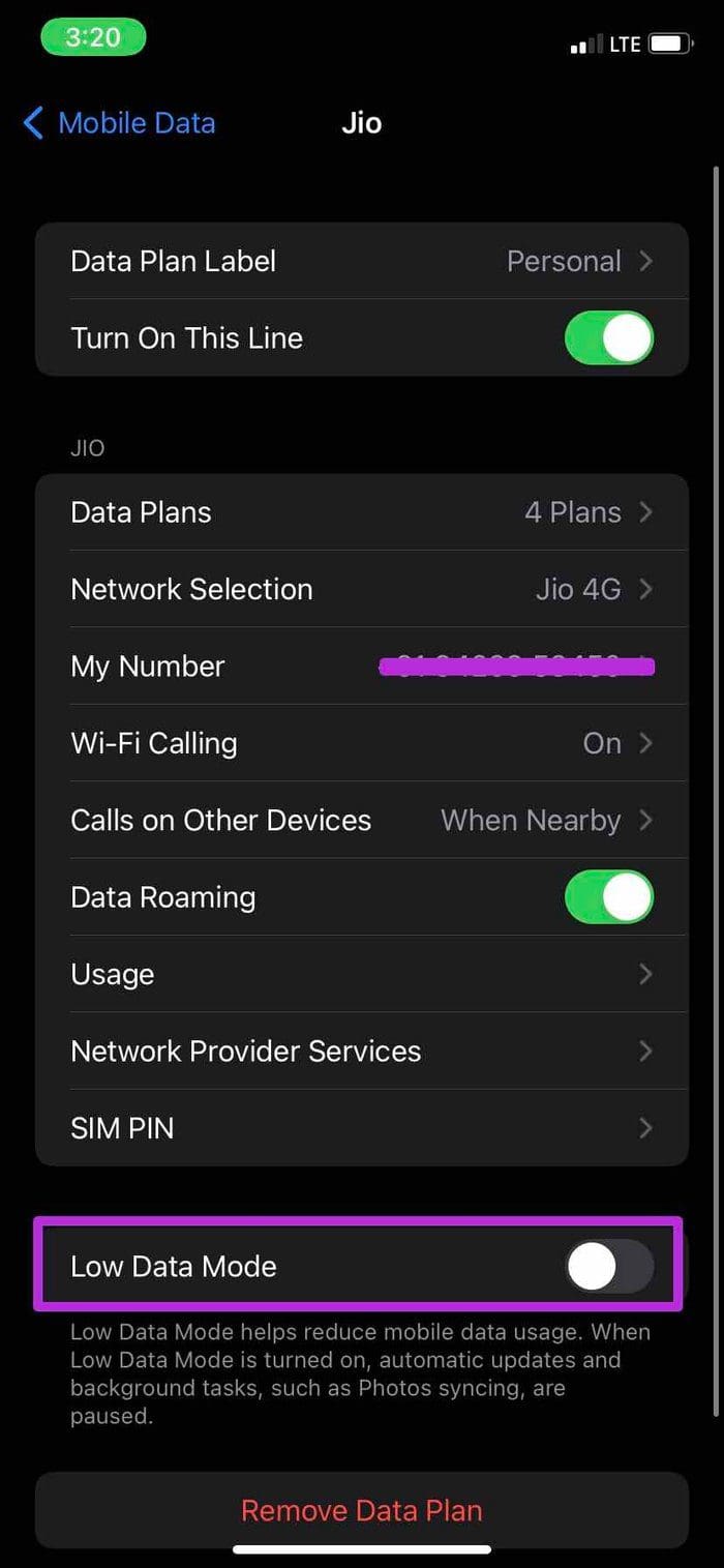 Disable low data mode