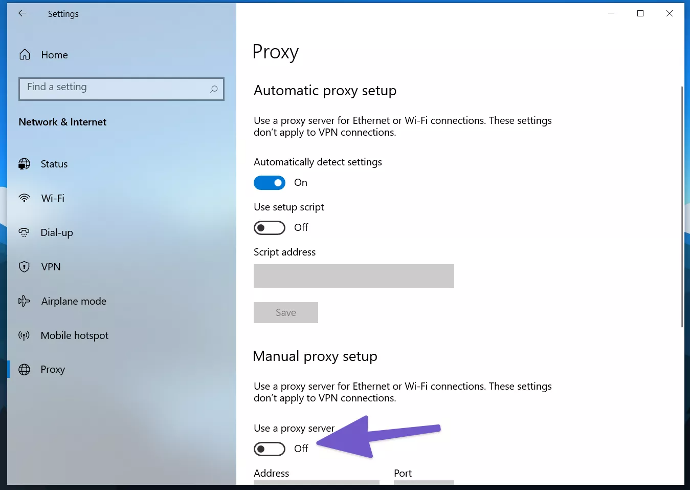 Disable proxy settings