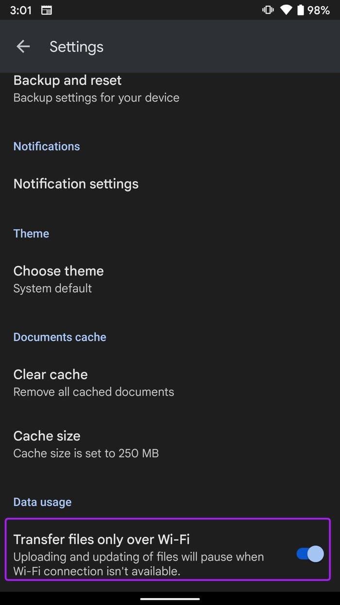 Disable transfer files only over Wi Fi fix google drive stuck starting upload on Android