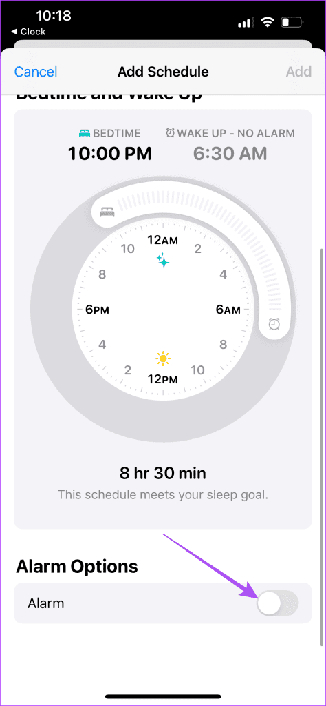 enable alarm for sleep schedule health app iphone