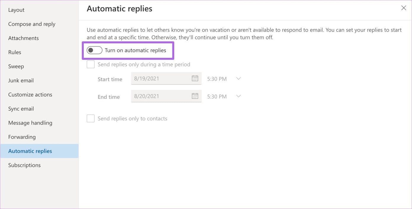 Enable automatic replies on outlook web