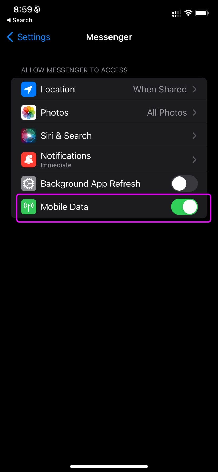 Enable the mobile data for Messenger