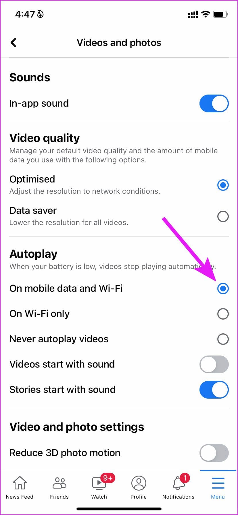 enable video autoplay on Facebook