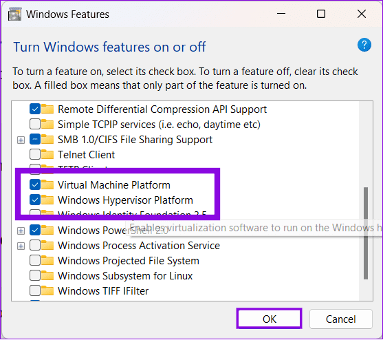 enable virtualization options and hit ok