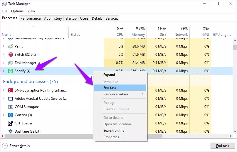 End task on windows