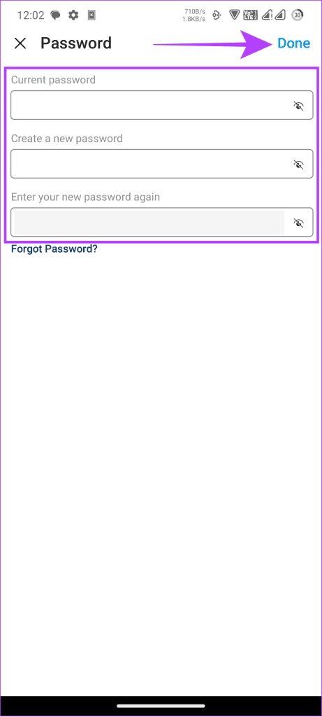 enter the new password and tap done