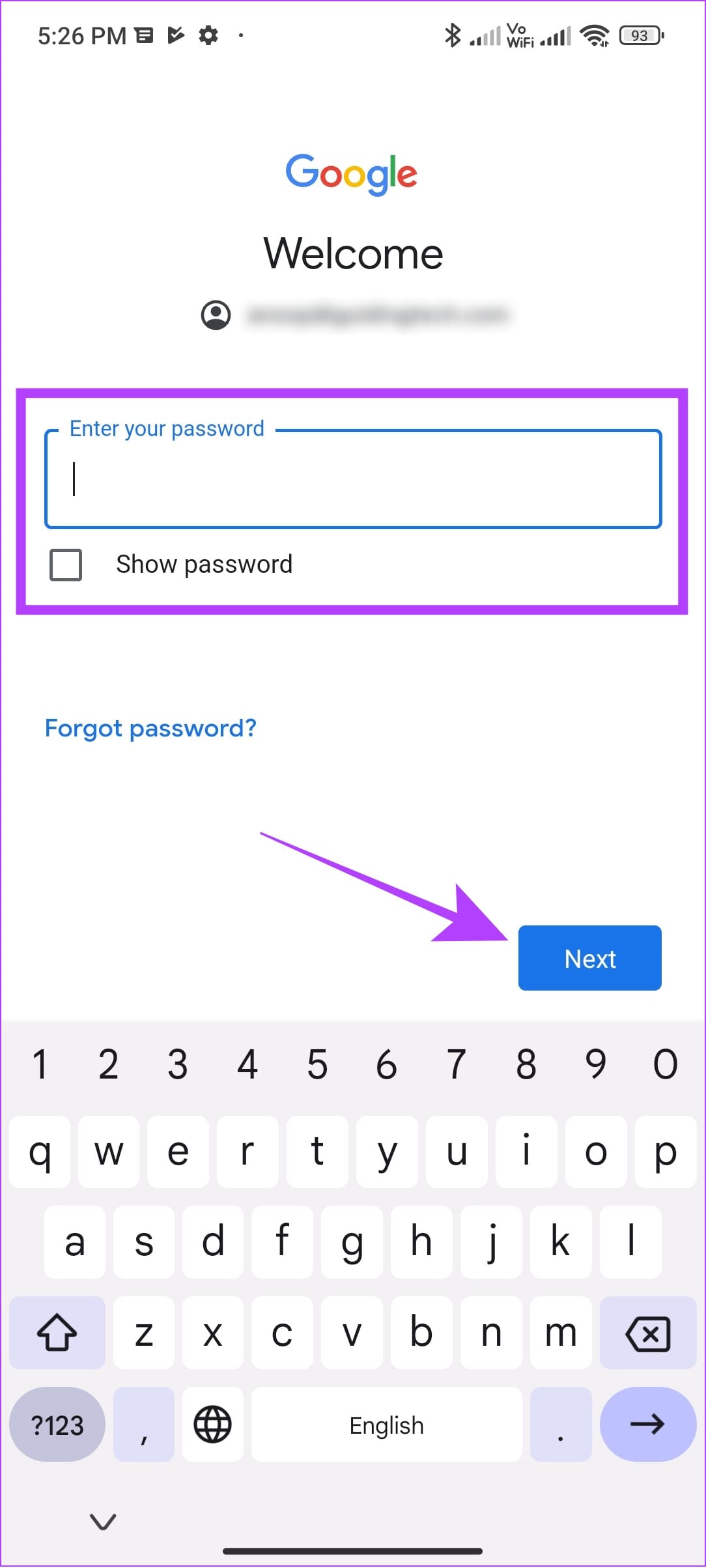enter the password and tap next