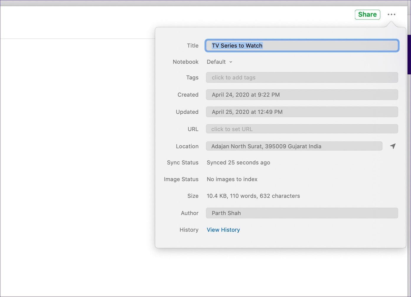 Evernote note details
