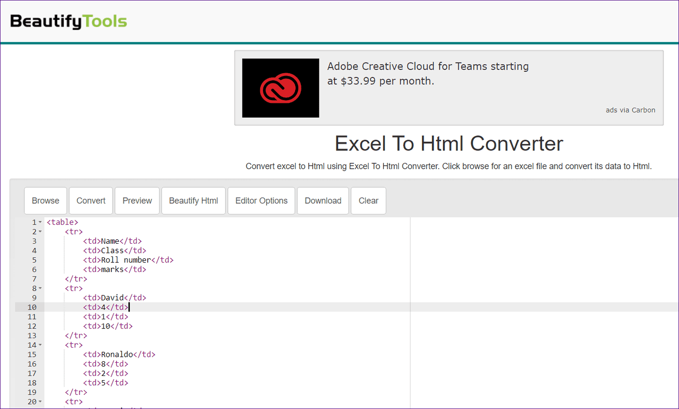 Excel to html 15