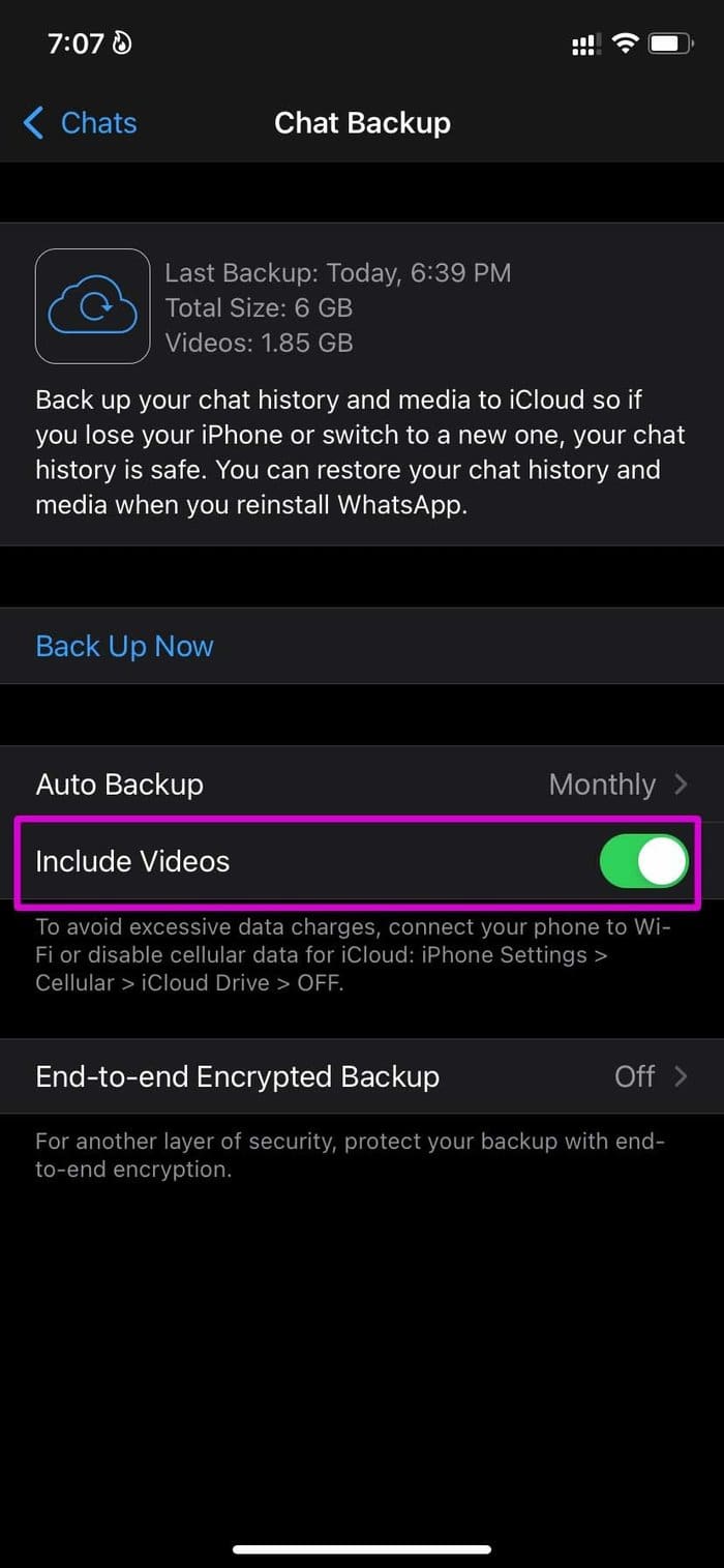 Exclude whatsapp videos icloud backup taking so long