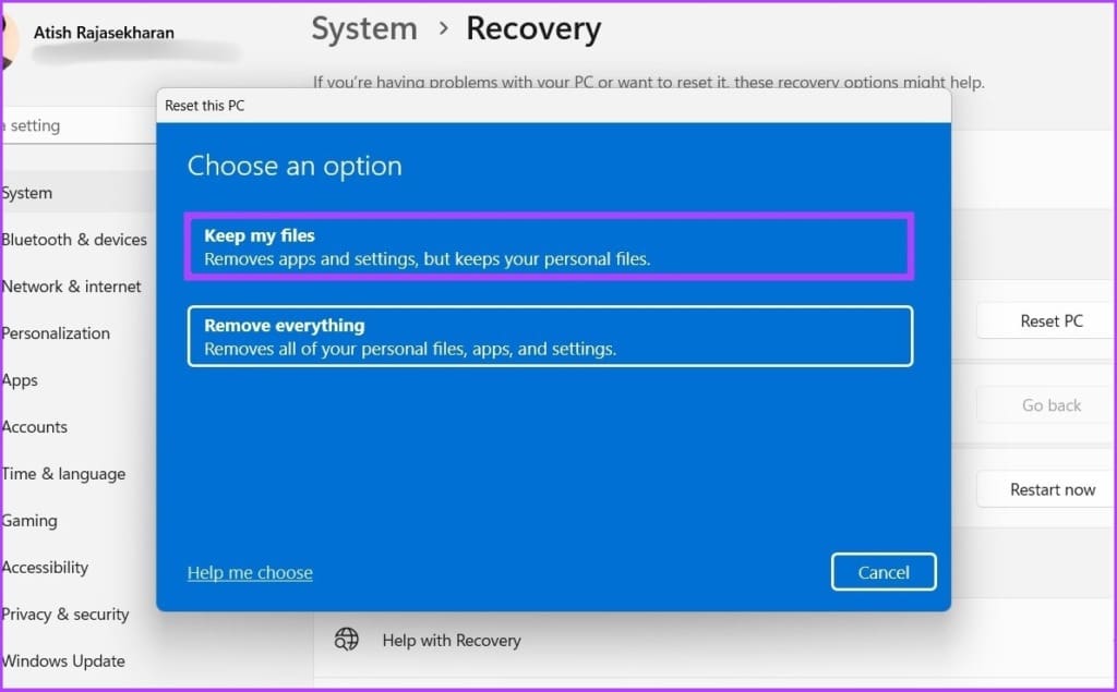 select 'Keep my files'